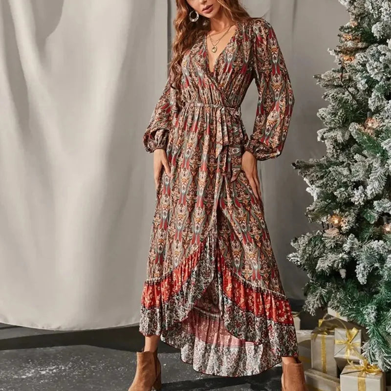 Women Elegant Long Lantern Sleeve Stand Collar Loose Maxi Dress Y2K INS Clothes Autumn Long Ruffle Bohemian Dress Women Elegant Long Lantern Sleeve Stand Collar Loose Maxi Dress Y2K INS Clothes Autumn Long Ruffle Bohemian Dress